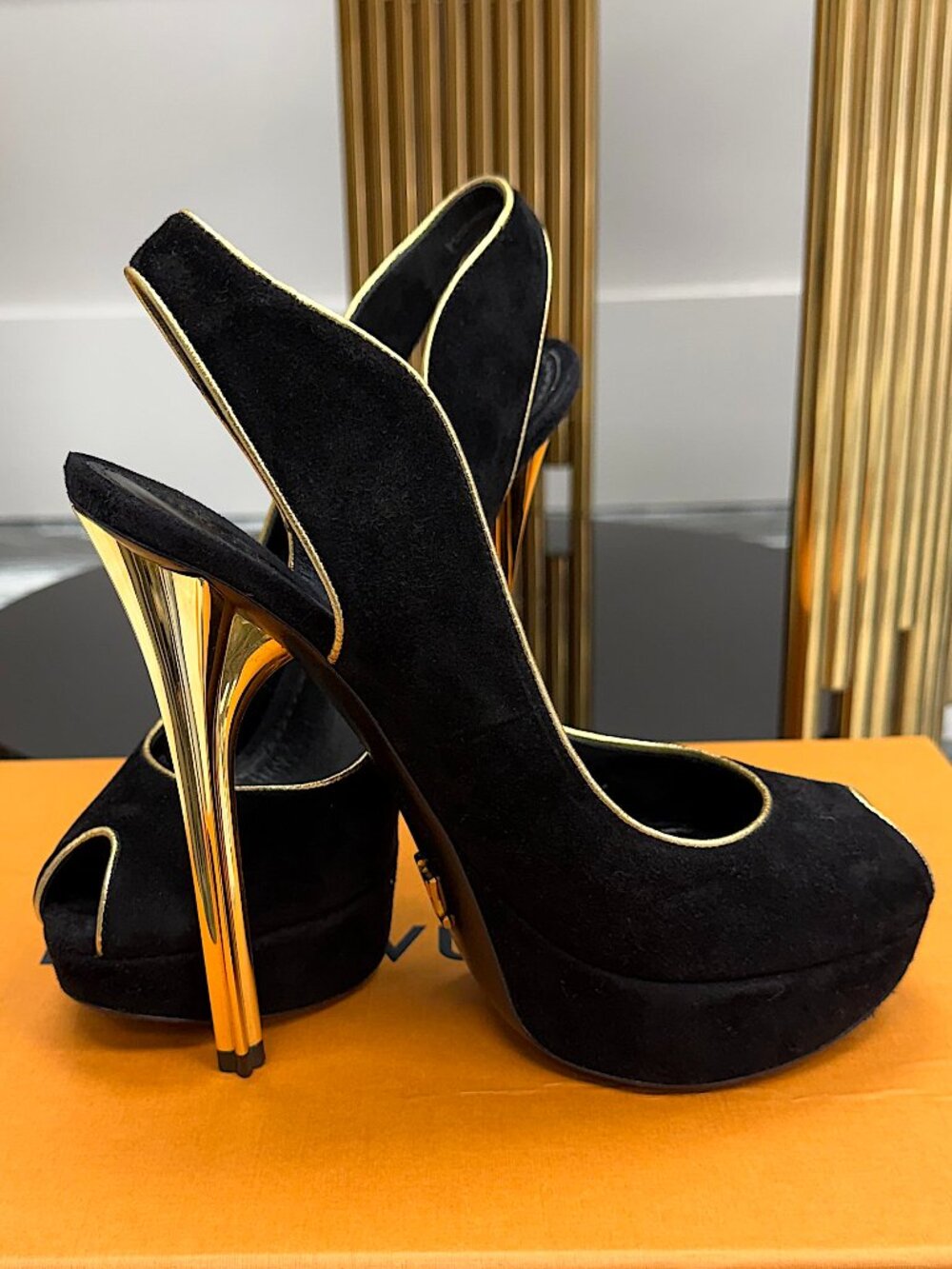 Louis Vuitton Black Suede Platform Heels Gold Heel Peep Toe Pumps Size 37 - Picture 9 of 16